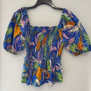 Flying Tomato Smocked Ruffle Puff Sleeve Tropical Print Size Large